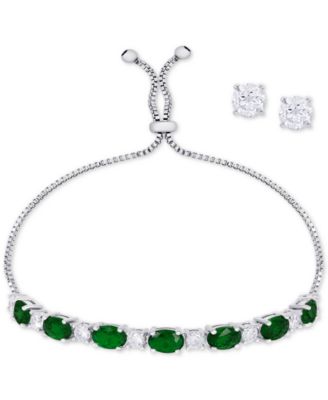 Simulated Emerald Slider Bracelet & Cubic Zirconia Stud Earrings Set In Silver-Plate, May Birthstone