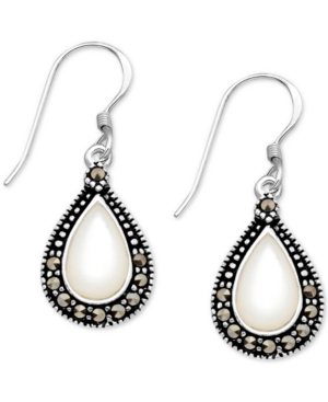 image of Mother-of-Pearl & Marcasite Teardrop Drop Earrings in Fine Silver-Plate