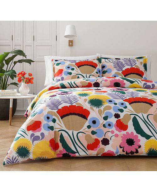 Marimekko Ojakelkukka Cotton 3 Pc Full Queen Duvet Cover Set