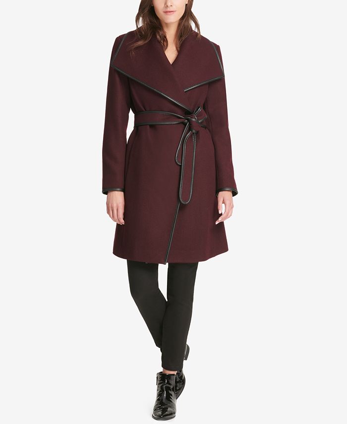 DKNY Faux-Leather-Trim Belted Wrap Coat, Created for Macy's - Macy's