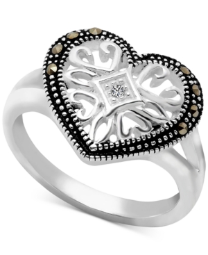 image of Marcasite & Crystal Filigree Heart Ring in Fine Silver Plate