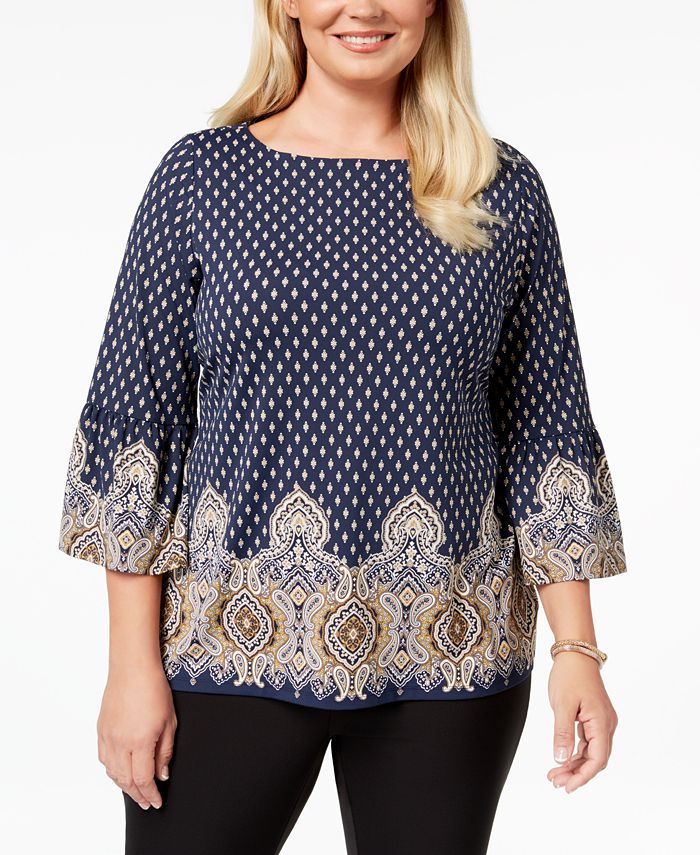 Charter Club Plus Size Printed Boat-Neck Top, Created for Macy's - Macy's