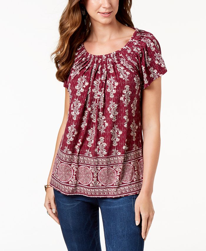 Style & Co Printed Pleat-Neck Top, Created for Macy's - Macy's