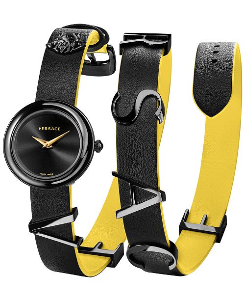 Versace Women's Swiss VFlare Black & Yellow Leather Wrap Strap Watch