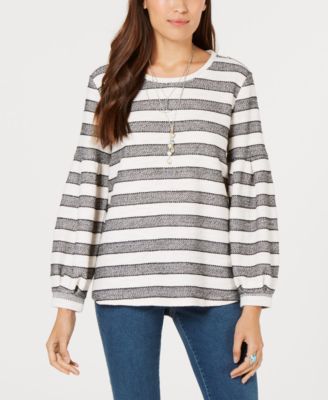 A292. Striped Puff Sleeve Top with Black Bow Accents