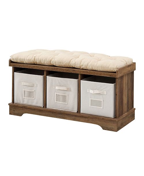 Walker Edison 42" Wood Storage Bench with Totes and Cushion Rustic