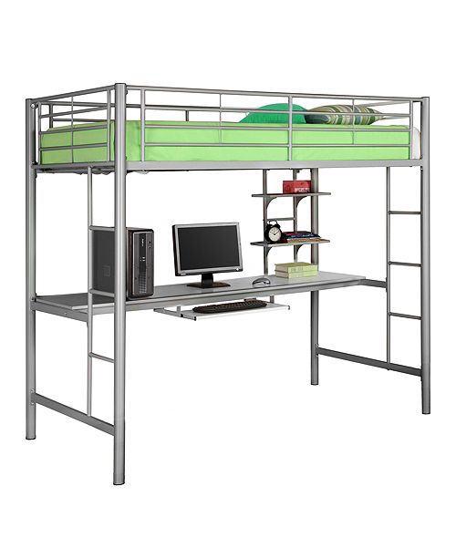Walker Edison Premium Metal Twin Loft Bed with Wood Workstation Silver