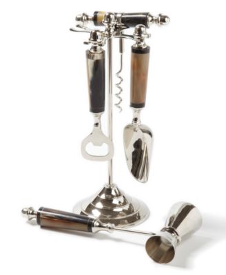Two's Company - Gstaad 4 Pc Horn Handle Bar Set with Stand Includes - Bottle Opener, Scoop, Cork Screw, Jigger