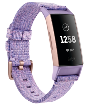 image of Fitbit Charge 3 Interchangeable Lavender/Rose Gold-Tone Fabric & Black Elastomer Strap Smart Watch 22.7mm - A Special Edition