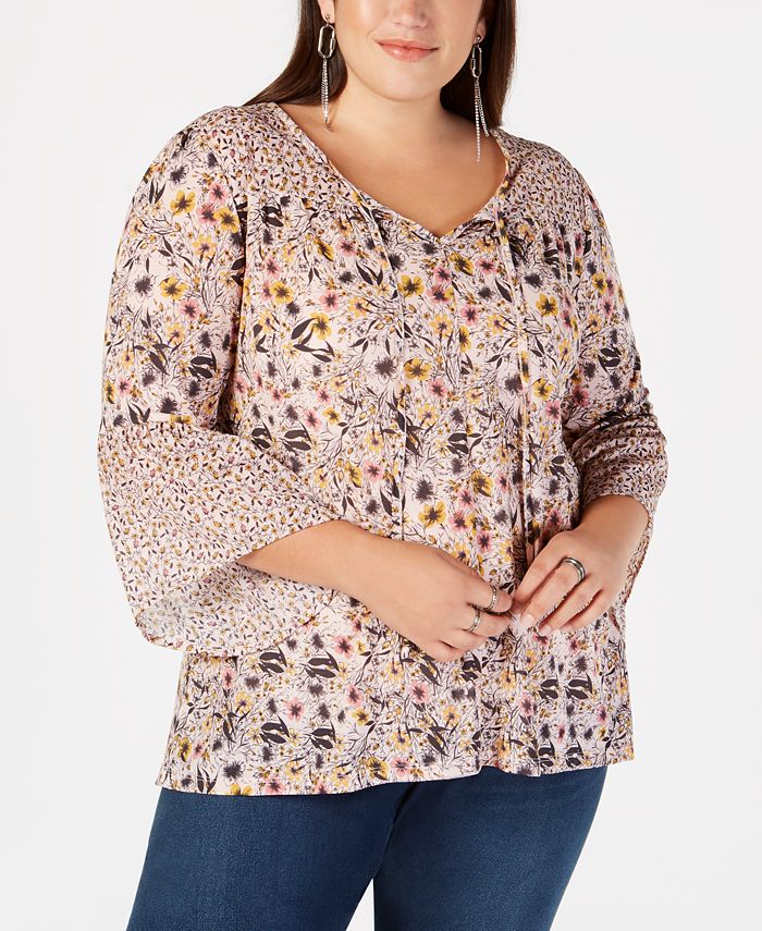 Style & Co Plus Size Mixed-Print Lantern-Sleeve Peasant Top, Created ...