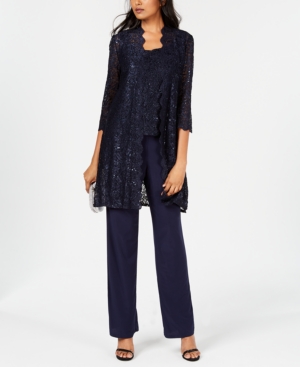 R & M Richards 3-Pc Sequined Lace Pantsuit & Jacket