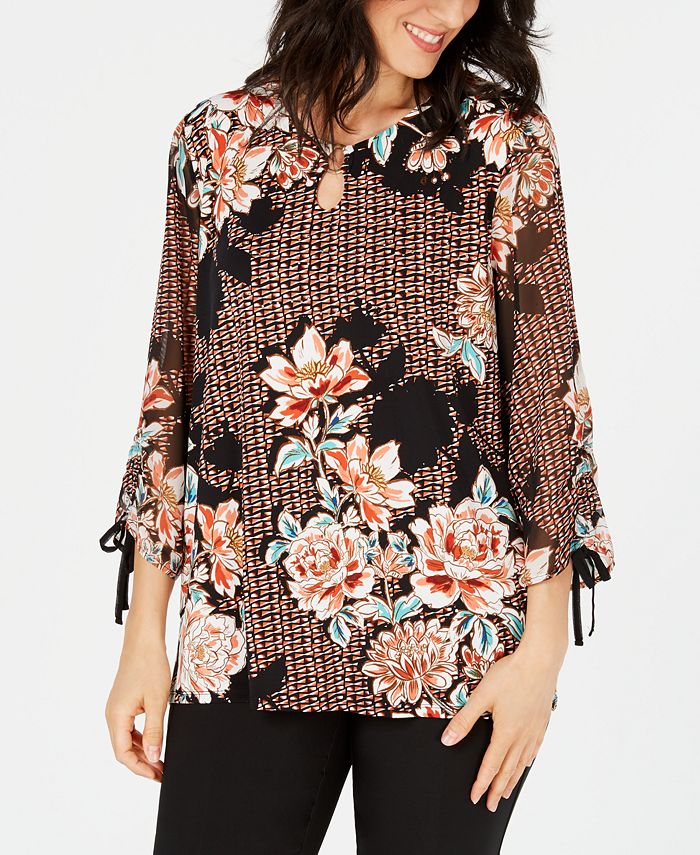 JM Collection Petite Printed Tie-Cuff Top, Created for Macy's - Macy's