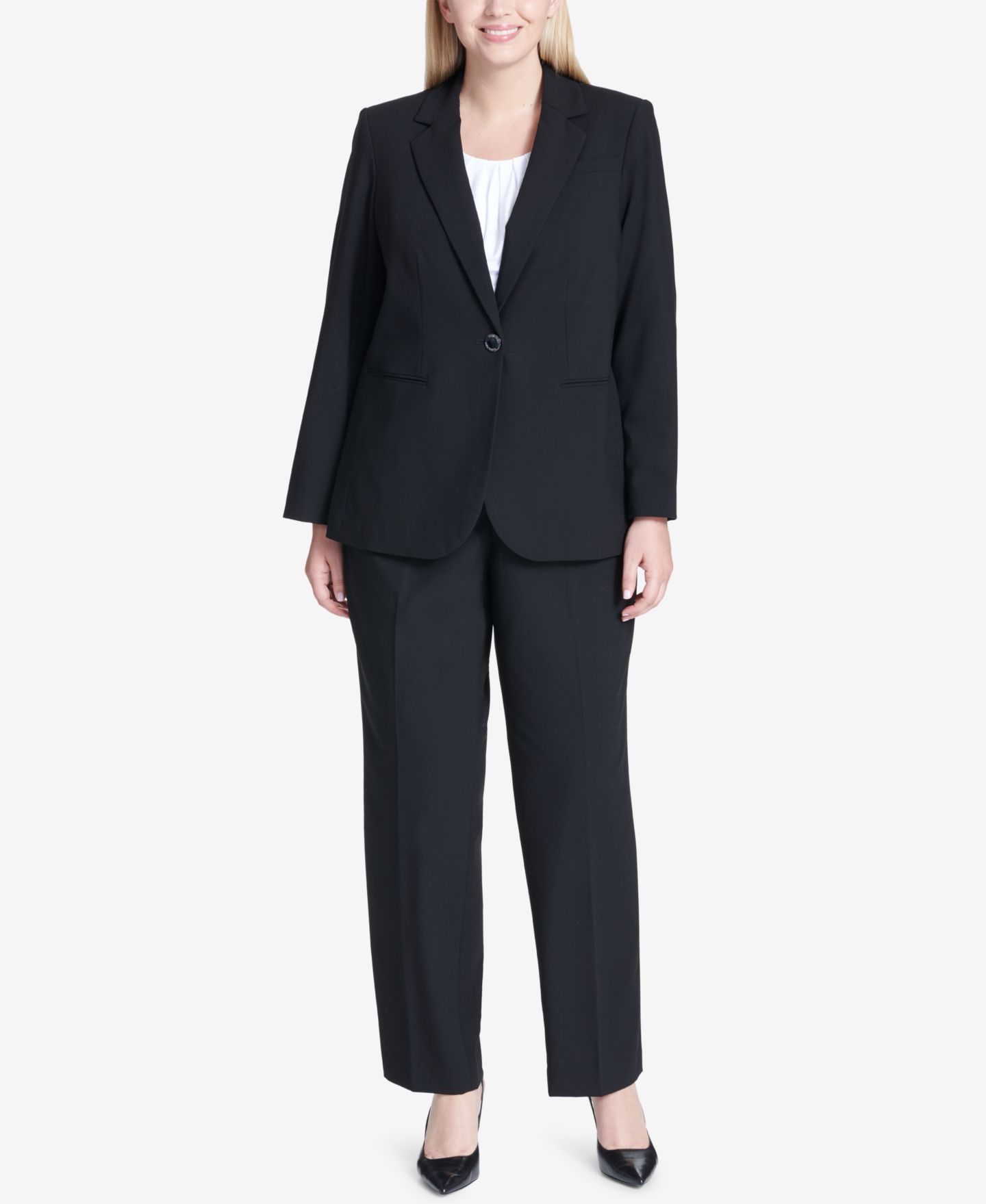 Женские комплекты Calvin Klein Plus Size One-Button Jacket & Straight-Leg Pants, цвет: Чёрный — фото 1