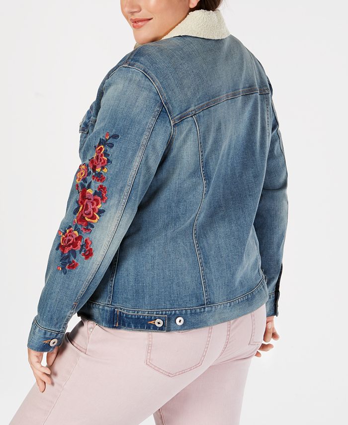 Style & Co Plus Size Embroidered Denim Trucker Jacket, Created for Macy ...