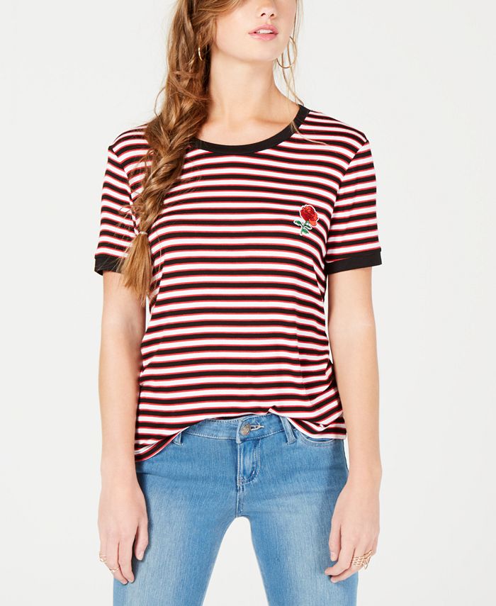 Rebellious One Juniors\' Rose-Patch Striped Ringer T-Shirt - Macy\'s