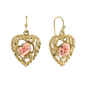 image of 2028 Gold Pink Flower Heart Drop Earrings