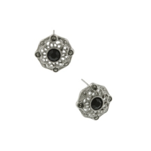image of 2028 Silver-Tone Black Crystal and Marcasite Button Earrings