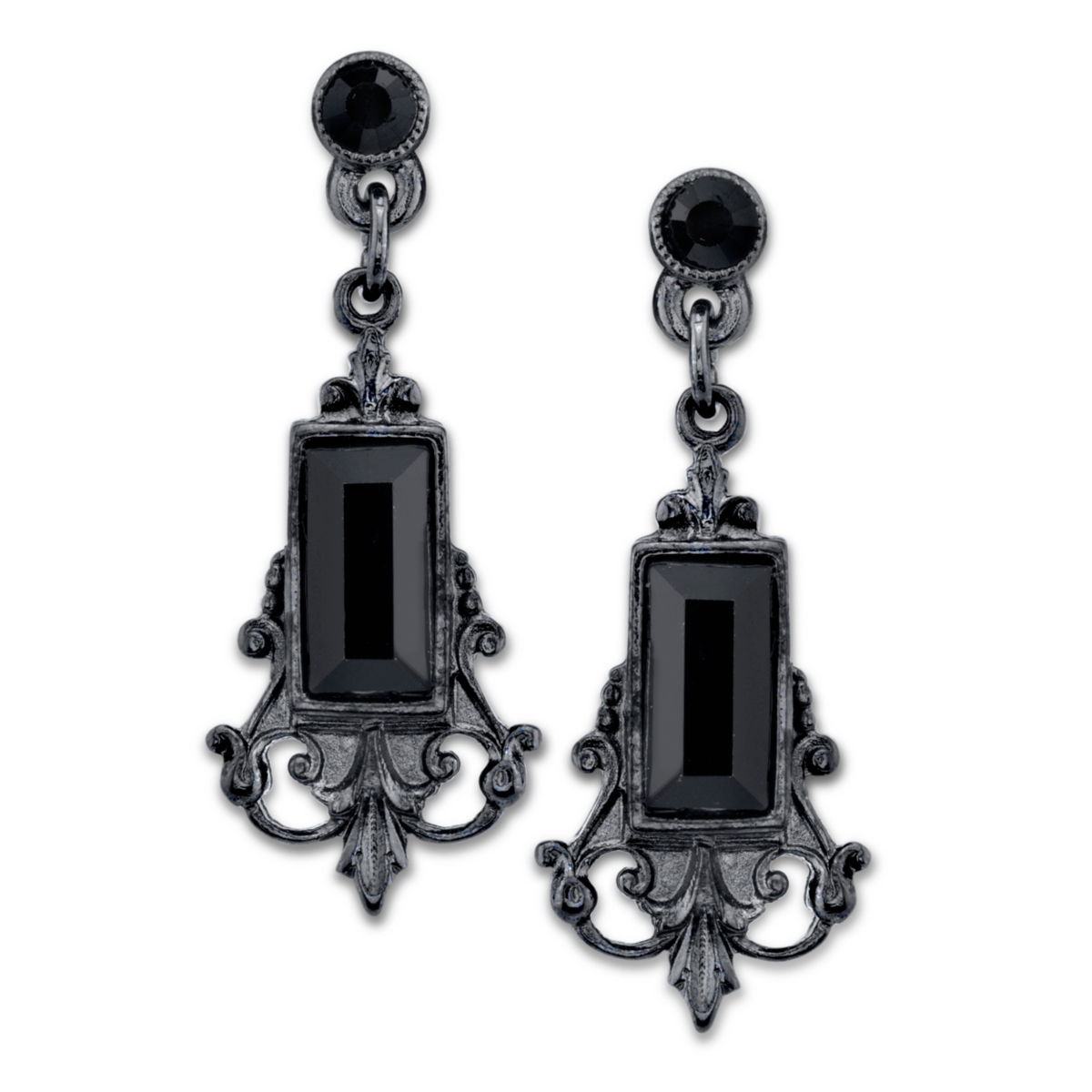 2028 Black-tone Black Rectangle Crystal Drop Earrings