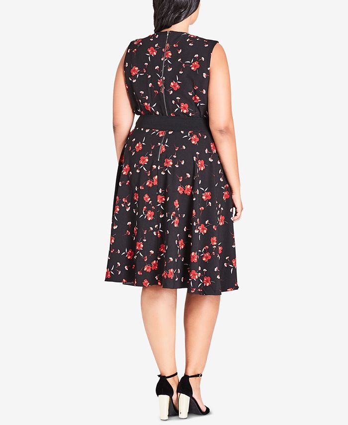 City Chic Trendy Plus Size Floral-Print Belted Fit & Flare Dress - Macy's