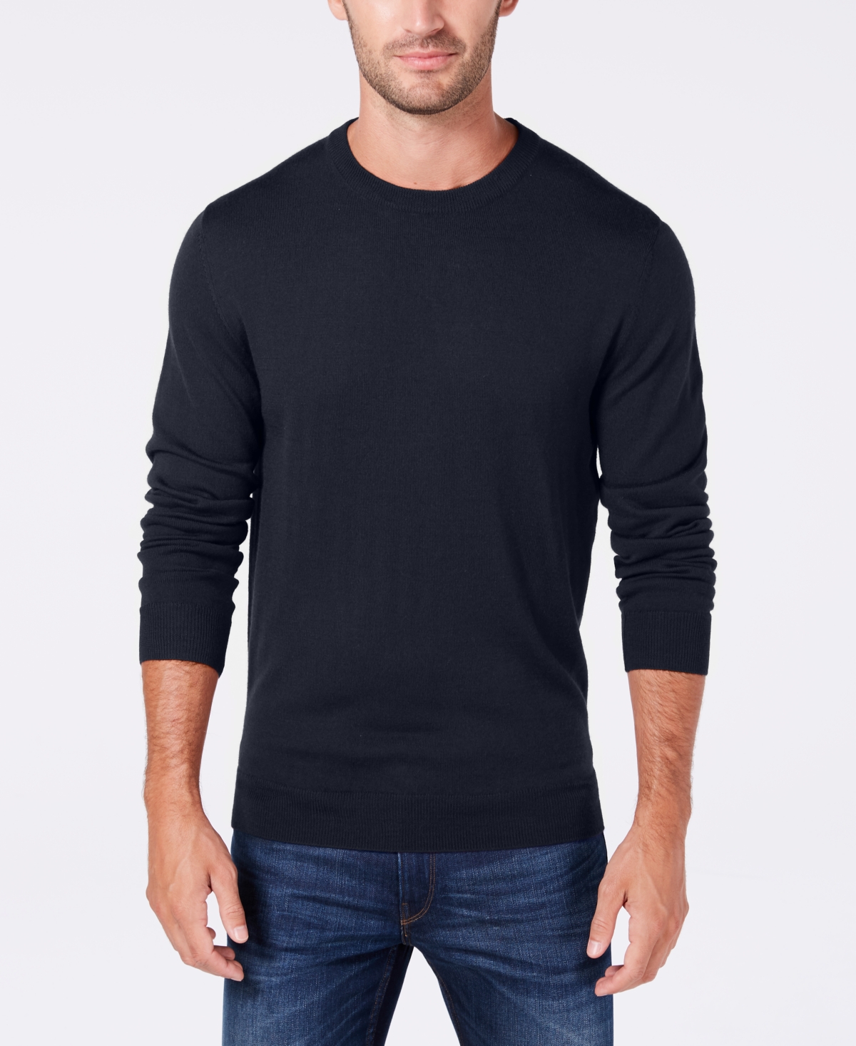 Men's Solid Crew Neck Merino Wool Blend Sweater, Created for Macy's - Navy Blue
