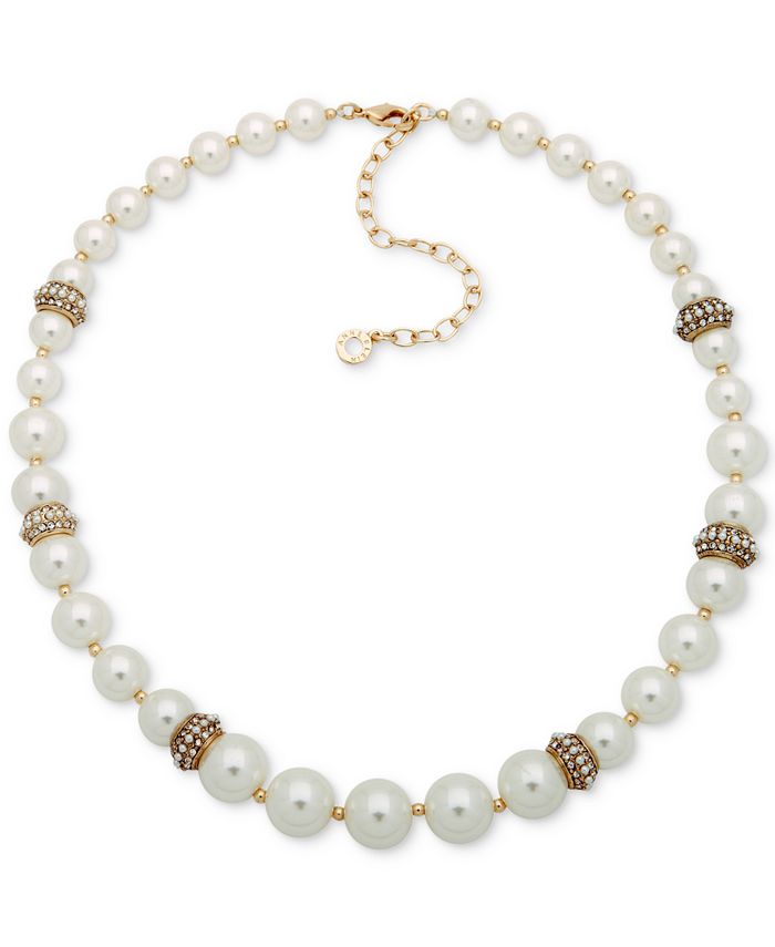 Anne Klein Gold-Tone Pavé Bead & Imitation Pearl Collar Necklace, 16 ...