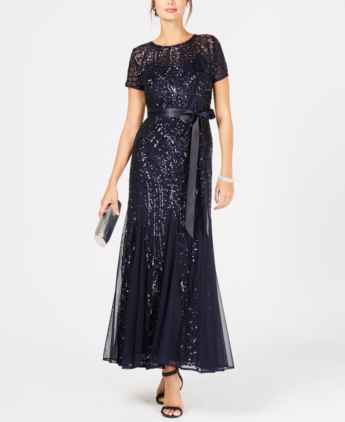 R & M Richards Petite Sequined Gown - Navy