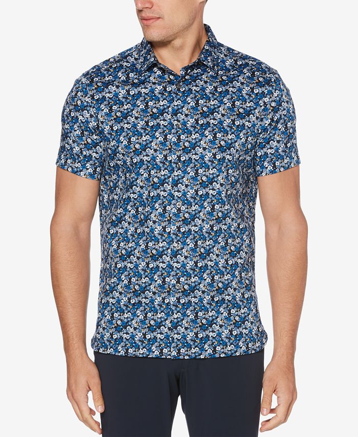 Perry Ellis Camicia Uomo Maniche Corte Con Stampa Floreale - Tessuto Elasticizzato, Collo A Punta