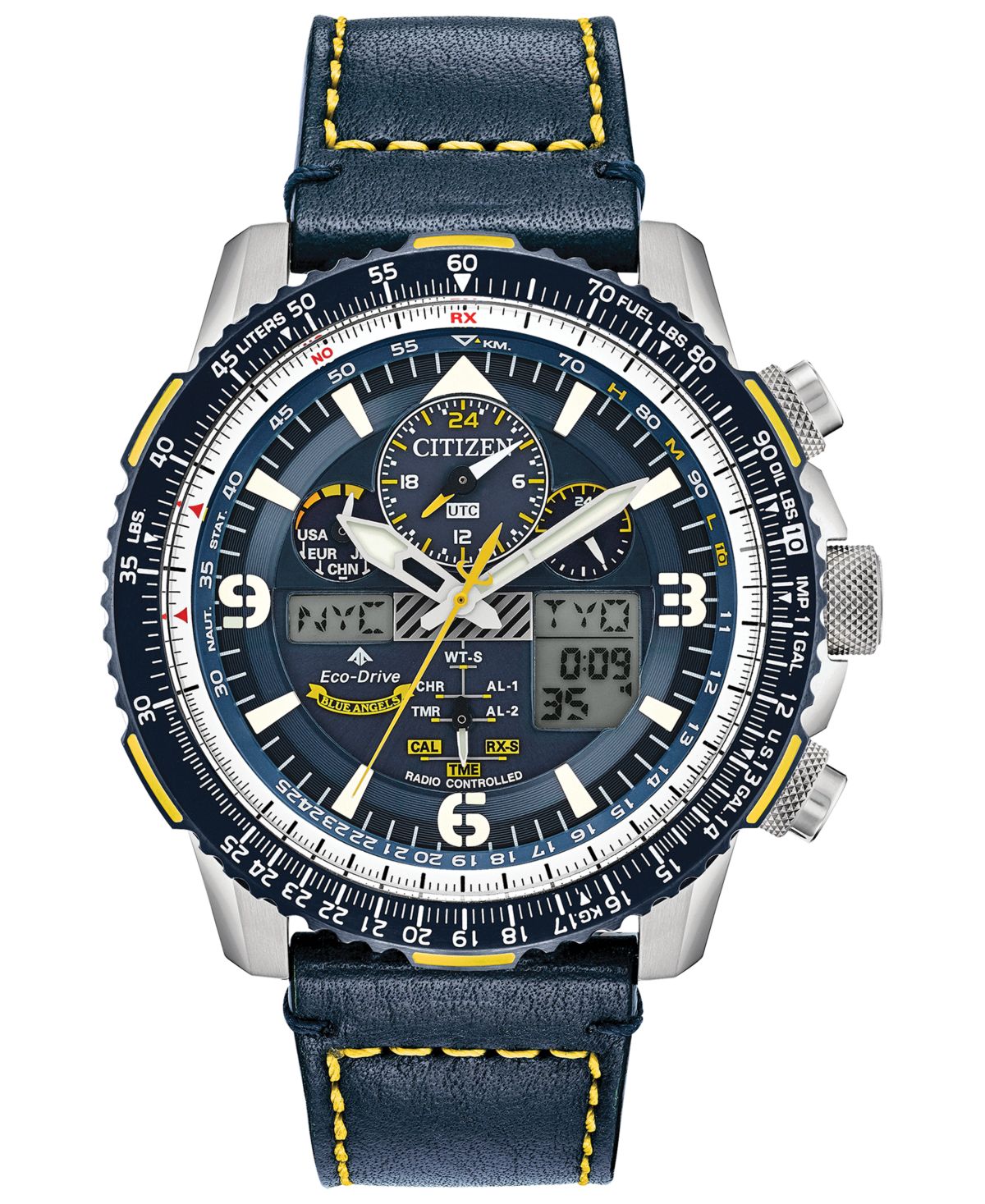Мужские часы Eco-Drive с аналого-цифровым хронографом Promaster Blue Angels Skyhawk A-T на синем кожаном ремешке, 46 мм