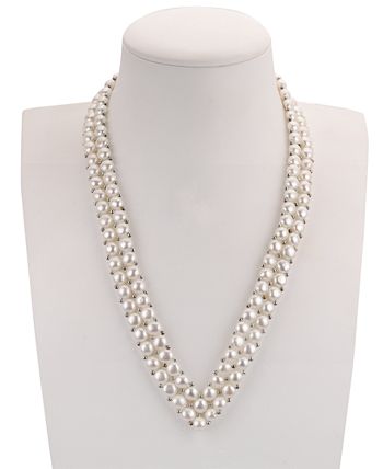 Macy's - Cultured Freshwater Button Pearl (6mm) and Silver Bead "V" 18" Statement Necklace in Sterling Silver