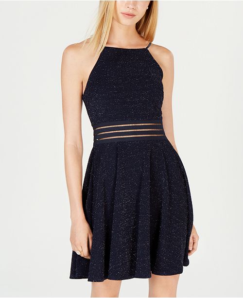 City Studios Juniors Metallic Lace Illusion Fit Flare Dress