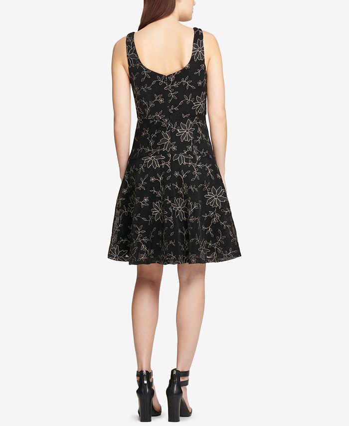 DKNY Women's Embroide Mesh Fit & Flare Dress Black Size 16