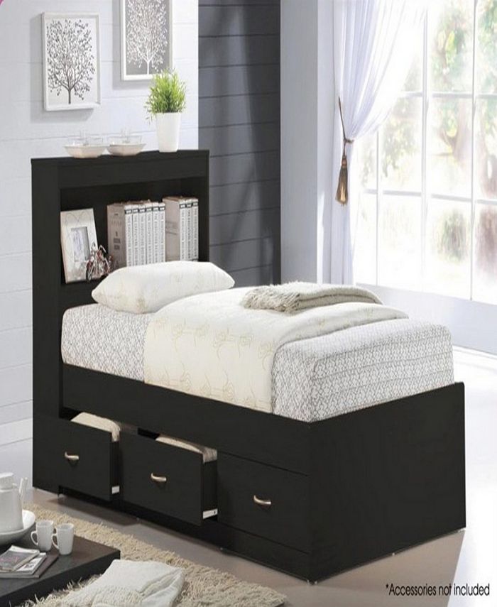 Hodedah TwinSize Captain Bed with 3Drawers and Headboard in Black