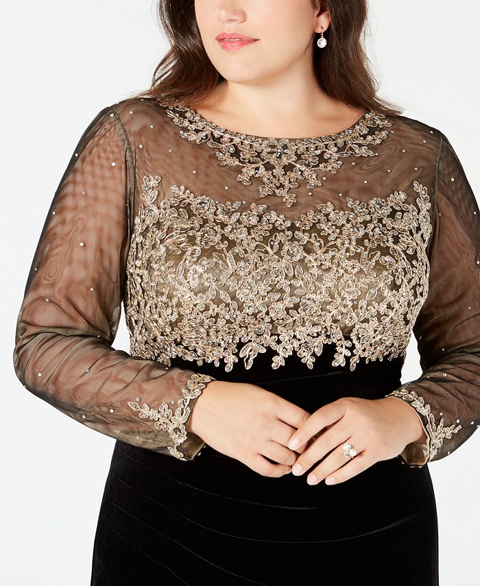 Xscape Plus Size Embroidered Velvet Illusion Gown Macys 