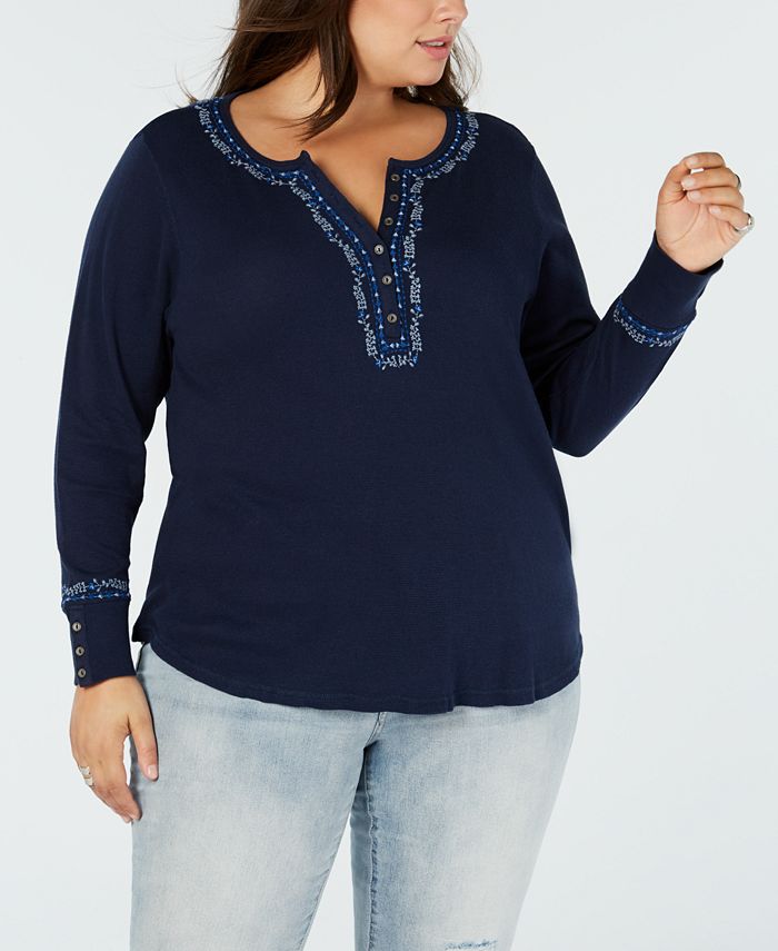 Lucky Brand Trendy Plus Size Cotton Embroidered Henley Thermal Top