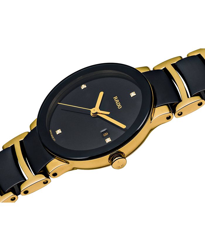 Rado - Women's Swiss Centrix Diamond Accent Black Ceramic and Gold-Tone PVD Stainless Steel Bracelet Watch 28mm R30930712
