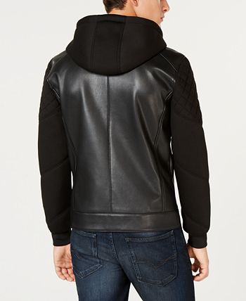 Guess men's faux sales leather hooded moto jacket