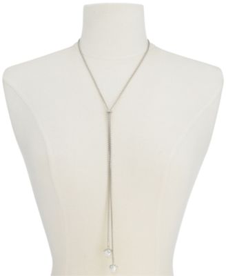 Pav&eacute; & Imitation Pearl Lariat Necklace, 36" + 2" extender, Exclusively at Macy's 