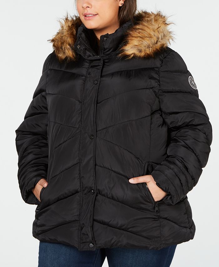 Madden Girl Juniors' Plus Size Faux-Fur-Trim Hooded Puffer Coat - Macy's