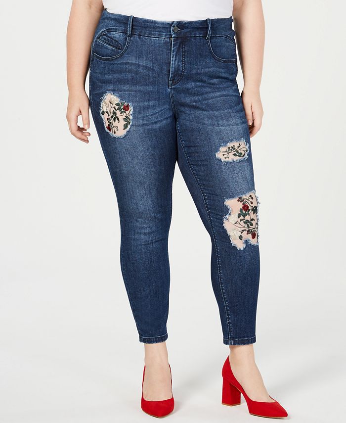 YSJ Plus Size Floral-Patch Skinny Jeans, Created for Macy's - Macy's
