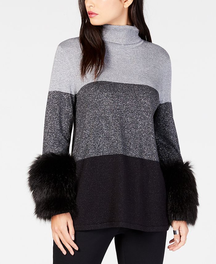 Alfani Colorblock Faux Fur Cuff Sweater, Created for Macy's & Reviews ...