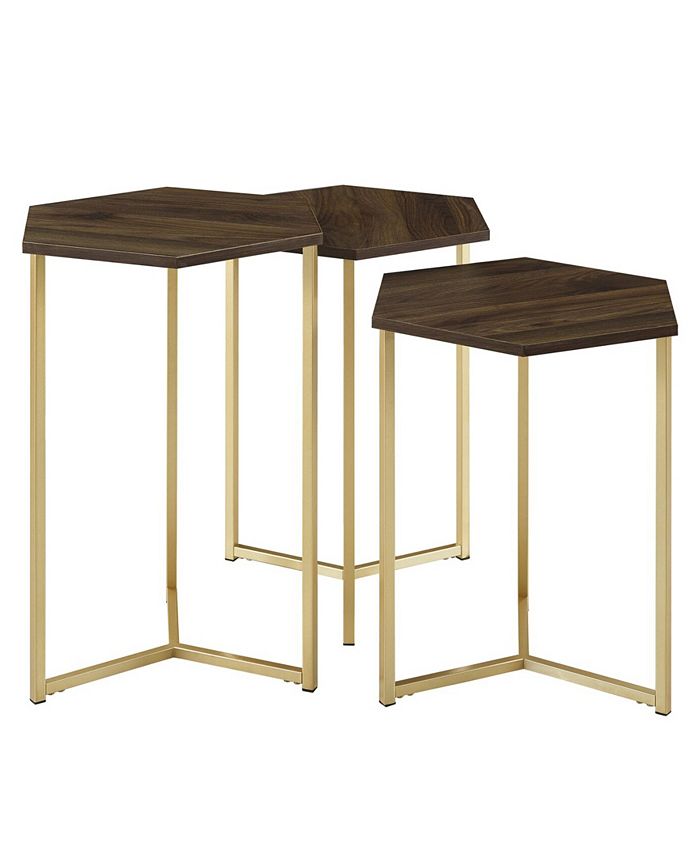 Walker Edison Set of 3 Hex Nesting Tables in Dark Walnut and Gold Macy's