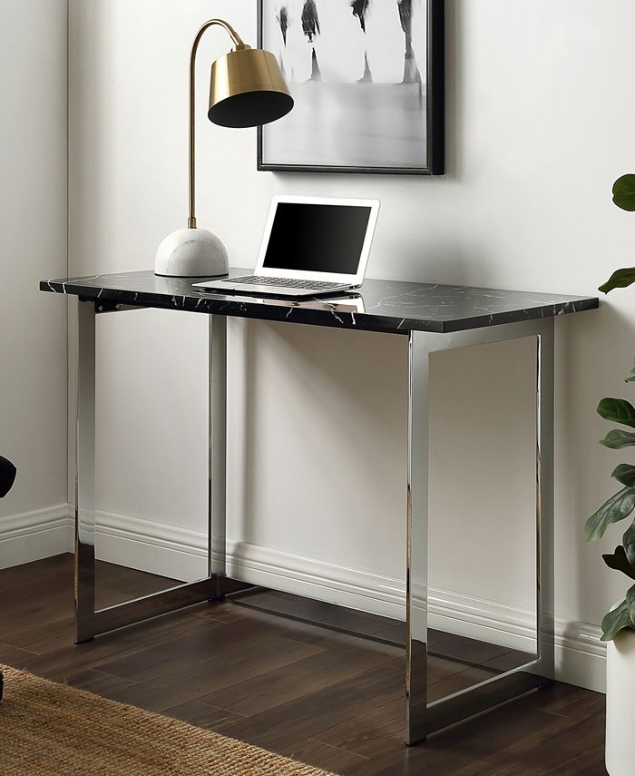 Walker Edison 42 inch Faux Marble Desk with Black Top and Chrome Base