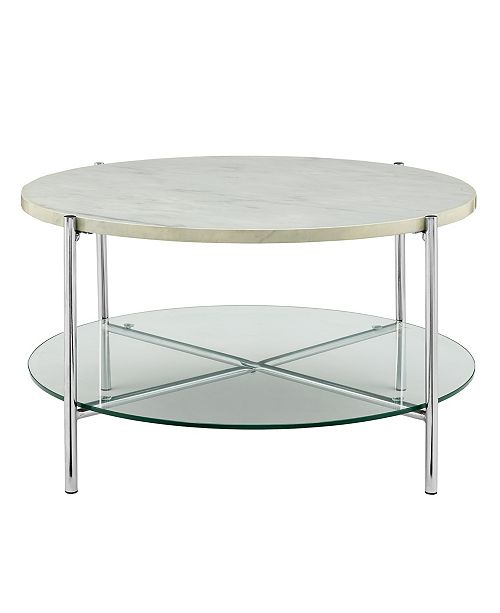 Walker Edison 32 Inch Round Coffee Table In Faux Marble With Glass