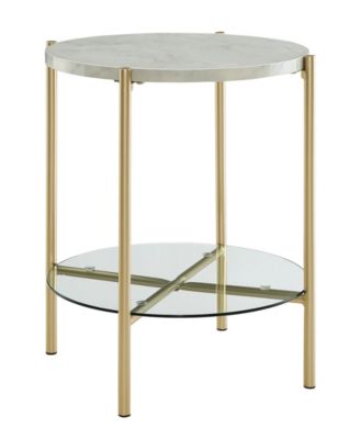 Walker Edison - 20 inch Round Side Table in White Faux Marble and Gold