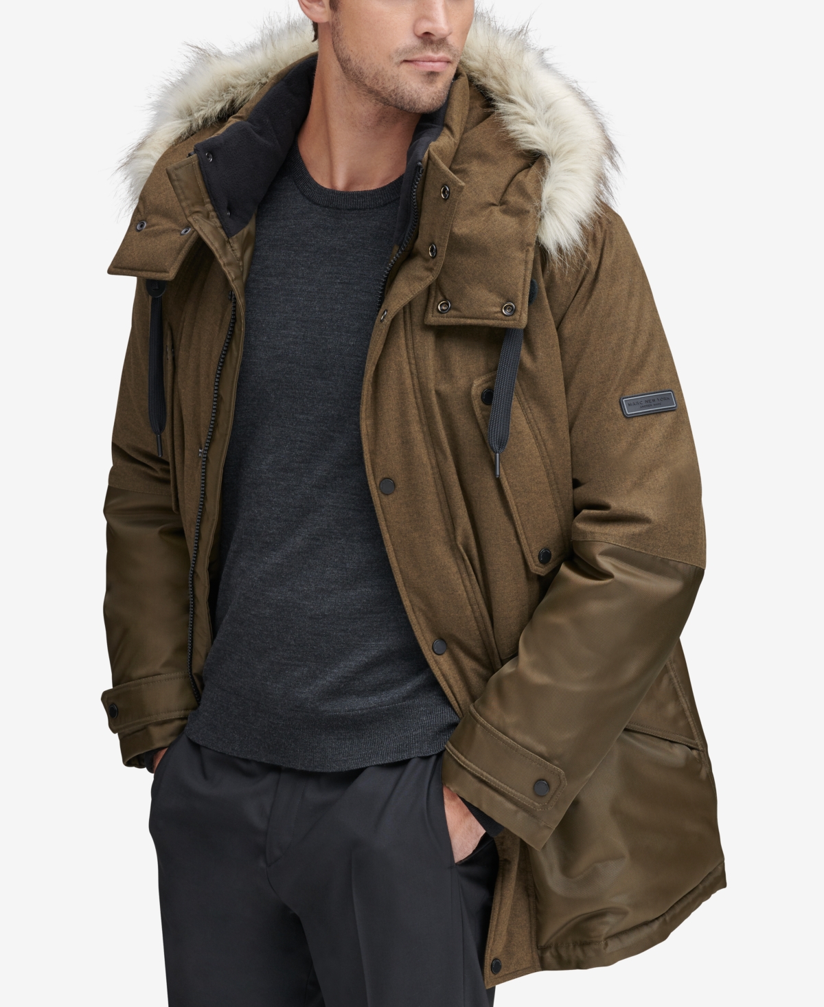 Men's Mixed-Media Parka with Removable Hood - Charcoal Gray