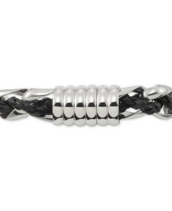 LEGACY for MEN by Simone I. Smith - Black Leather Braided Bracelet in Stainless Steel