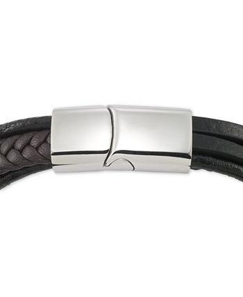 LEGACY for MEN by Simone I. Smith - Men's Black & Brown Multi-Row Leather Bracelet in Stainless Steel