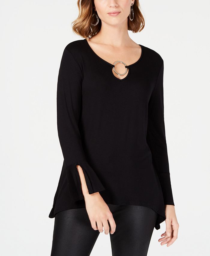 NY Collection Petite Ring-Neck Split-Cuff Top - Macy's