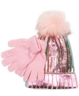 Love 2 Design - FAB Little Girls 2-Pc. Metallic Hat With Faux-Fur Pom-Pom & Gloves Set