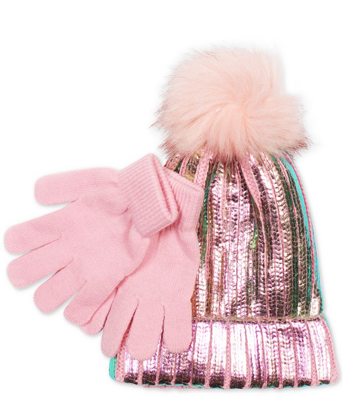 Love 2 Design Little Girls 2Pc. Metallic Hat With FauxFur PomPom & Gloves Set Macy's